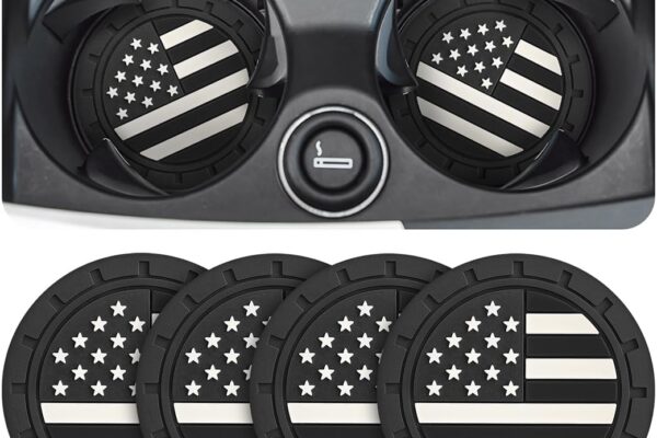 Car Cup Holder Coasters, 4 Pack American Flag Insert Car Cup Coaster, 2.75 Inch PVC Anti Slip Shockproof Embedded Drink Mat, Car Interior Decoration Accessories for SUV, Truck (Black)