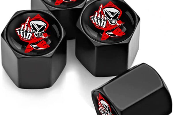 Dsycar 12 Pack Tire Valve Caps, Red Skull Logo Valve Stem Caps with Rubber Seal, Universal Stem Covers for Cars, SUVs, Bike and Bicycle, Trucks, Motorcycles (Skull, Black/Red)