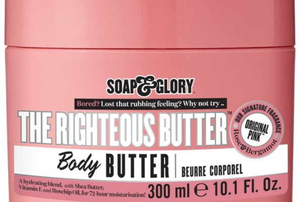 Soap & Glory The Righteous Moisturizing Body Butter – Hydrating Vegan Body Moisturizer for Dry Skin with Shea Butter, Vitamin E & Rosehip Seed Oil – Rich Cream for Women & Men (300ml)
