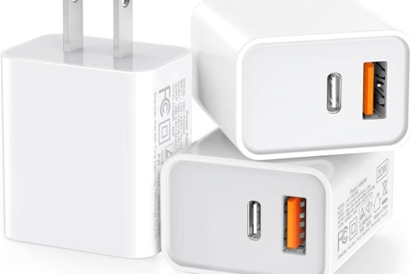 3 Pack USB C Wall Charger, 20W Durable Dual Port QC+PD 3.0 Power Adapter, Double Fast Plug Charging Block for iPhone 13/14/15/16/16 Pro/Pro Max/Plus, XS/XR/X, Watch Series 8/7 Cube,White