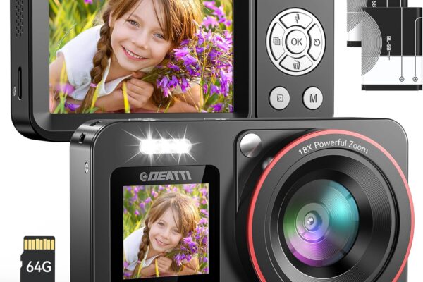 DEATTI Digital Camera,FHD 4K 64MP Camera with Dual Screens 64GB SD Card 2 Batteries,Digital Point and Shoot Camera,18X Zoom,Anti Shake Portable Rechargeable Selfie Camera for Teens Boys Girls Kids