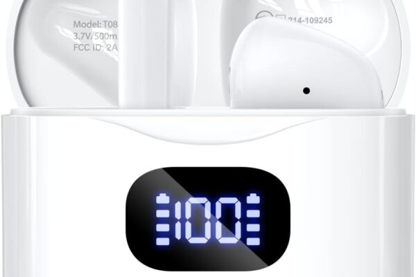 Wireless Earbuds Bluetooth 5.3 Headphones, 40Hrs Playback Stereo Ear Buds with LED Display Charging Case IPX7 Waterproof in-Ear Earphones with Mic for Phone Tablet Laptop Sports, White