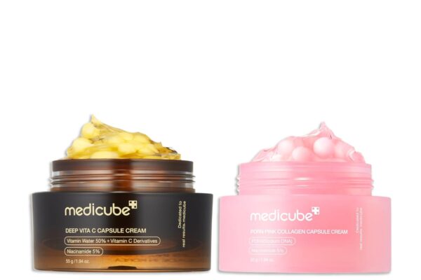 medicube Uneven Skin & Firm Capsule Duo: Deep Vitamin C Golden Capsule Face Moisturizer and Salmon DNA PDRN Pink Collagen Capsule Cream