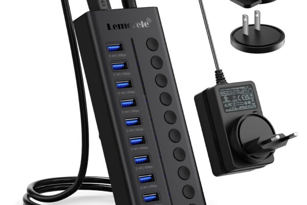 Lemorele 10-Port 24W USB3.0 Powered USB Hub with Individual LED On/Off Switches, USB Splitter Support 5Gbps Data Transfer & 5V 0.9A Charge for Phone, Power Bank, TWS etc.