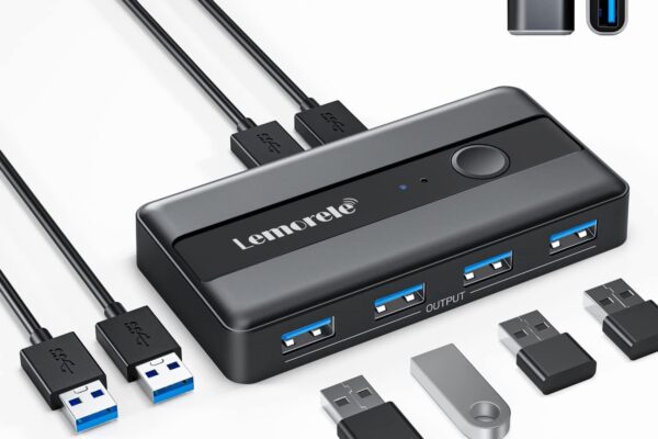 Lemorele 4-Port USB 3.0 KVM Switcher – Share 4 USB Devices Between 2 Computers – Compatible with PC, Mac, Linux