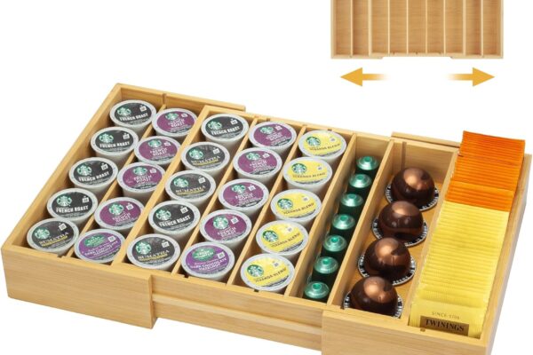 MinBoo Bamboo K Cup Holder for Drawer or Countertop Coffee Pod Holder Expandable K Cup Pod Storage Tea bag organizer K Cup Storage for Coffee Station Home Office and Kitchen