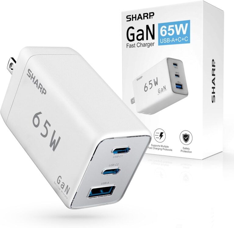 Sharp USB C Charger, 65W, 3 Port (USB 1A+2C), Compact Foldable GaN Fast Charge for MacBook Pro/Air, iPad Pro, Galaxy S23, Dell XPS 13, Note 20/10+, iPhone 15/Pro, and More – White, G651A2CU-BLK