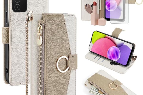 Asuwish Phone Case for Samsung Galaxy A03s US Version 5G 2022 Wallet Cover with Screen Protector and Mirror Flip Cover Ring Card Holder Crossbody Strap Stand Cell Ao3s A 03s SM-A037U SM A037U White