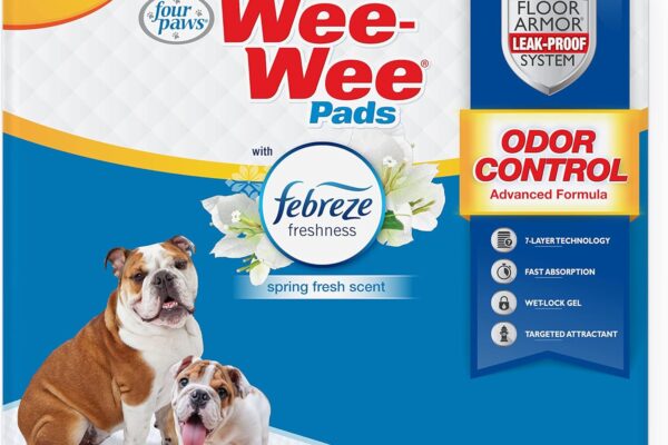 Four Paws Wee-Wee Odor Control with Febreze Freshness Pee Pads for Dogs & Puppies, Leak-Proof Dog Housebreaking Potty Training Floor Protection, Spring Fresh Scent, 22″ x 23″, 100 Count