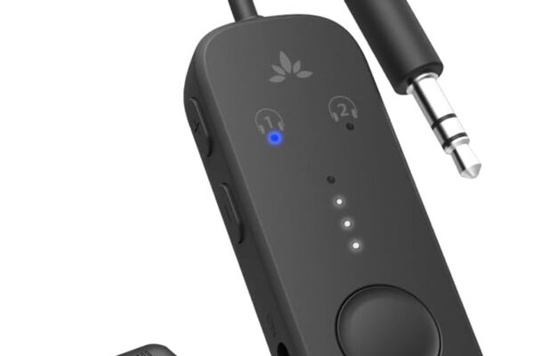 Avantree Relay – Airplane Bluetooth 5.3 Adapter with Qualcomm aptX Adaptive, Supports 2 AirPods or Headphones, 20Hr Playtime, 3.5mm AUX Wireless Audio Transmitter for Travel Flight, Airline, Gym