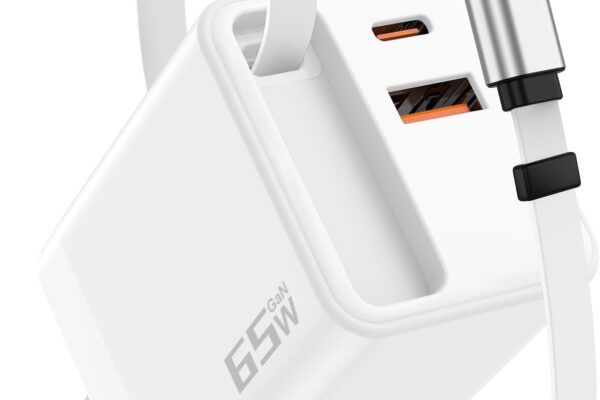 Retractable Wall Charger, 65W USB C Charger Block with Retractable Type C Cable, GaN 3 Portable Fast Charging Adapter Plug for iPhone 16/15/14/13 Pro Max/MacBook Pro/Air/iPad/Samsung Galaxy/Pixel