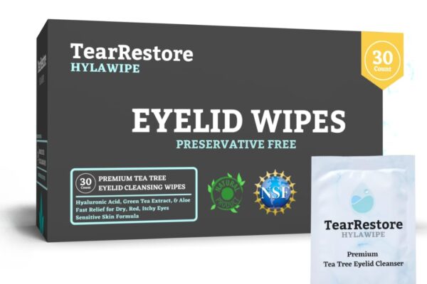 TearRestore Tea Tree HylaWipe Eyelid Wipes – 30 Count | Naturally Hydrating Cleanser | Blepharitis Treatment for Eyelids | Hypoallergenic Eye Wipes for Dry, Red, Itchy, Swollen and Irritated Eyes