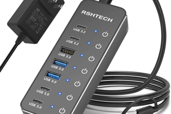 RSHTECH 7-Port Powered USB 3.2/USB-C Hub Splitter with 3 x 10Gbps USB-3.2 Ports (2C + 1A),4 USB-3.0 Ports (2C + 2A), 3.3ft Cable, Touch Switches, and 5V Power Adapter for Laptop PC