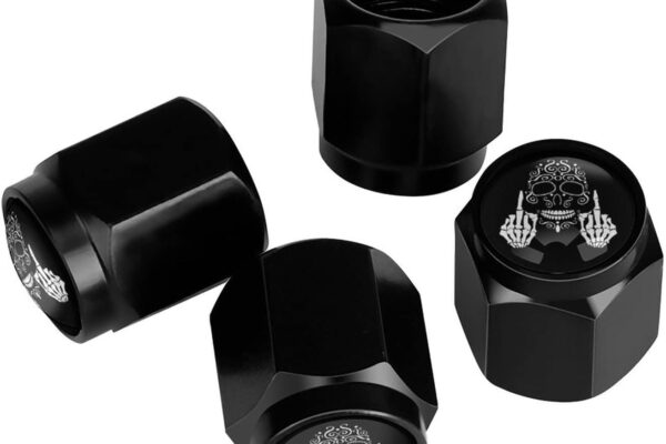 Funny Skull Back White Tire Valve Stem Caps, Aluminum Black Stem Tire Valve Caps Universal Stem Covers for Cars, SUVs, Trucks, Bikes, Motorcycles, Bicycles (4 Pack)