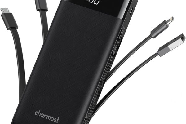 Portable Charger with Built in Cables, Portable Charger with Cords Wires Slim 10000mAh Travel Essentials Battery Pack 6 Outputs 3A High Speed Power Bank for iPhone Samsung Pixel LG Moto iPad