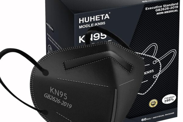 HUHETA KN95 Face Mask 60 PCs, 5-Ply Safety Masks for Men & Women, Filter Efficiency>=95% (Black Mask)