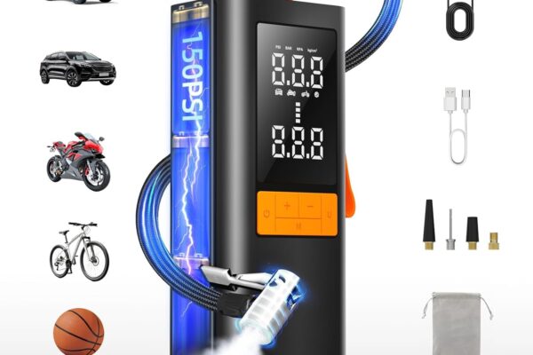 Cordless Tire Inflator Portable Air Compressor, 150 PSI Air Pump with Rechargeable Battery, Tire Pressure Gauge, 12V Car Power Adapter, Smart Air Pump for Car, Motorcycle, Bike, Ball