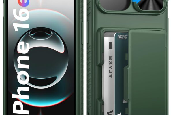 for iPhone 16e Wallet Case, Built-in Credit Card Holder (4-5 Cards), RFID Block, Slide Camera Cover, Military Protection, Rugged Heavy Duty Women Men Protective Phone Case for iPhone16 E, Green