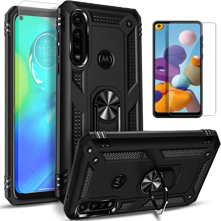 STARSHOP Compatible with Moto G8 Plus Case, G8 Play Case, with [Tempered Glass Protector Included] Metal Ring Stand Shockproof Drop Protection Phone Cover-Black