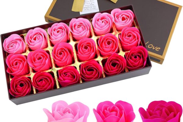 JIALEEY Floral Scented Bath Soap Rose Flower Petals, Plant Essential Oil Rose Soap Set Shaped Petals Gifts Ideas for Her Women Teens Girls Mom Birthdays, 18 PCS Pink