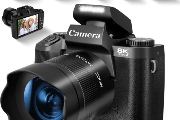 8K Digital Camera for Photography, Vlogging Camera for YouTube with Autofocus, 4 Inch Touchscreen 16X Digital Zoom Video Camera with 3000mAh Battery, Dual-Lens, Lens Hood, 32GB TF Card and Flash,Black