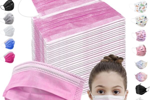 100 Pcs Pink Comfortable Disposable Breathable Protective Safety Cup Face Masks for Kids Boys Girls Age 4-12, 3-Ply Skin Friendly Non-Woven Melt-Blown Fabric W. Adjustable Nose Clip & Elastic Earloops