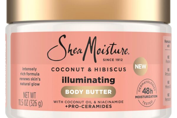 SheaMoisture Illuminating Body Butter with Coconut & Hibiscus, Niacinamide and Pro-Ceramides, Renewing Skin’s Natural Glow, 48H Moisturizing 11.5 oz