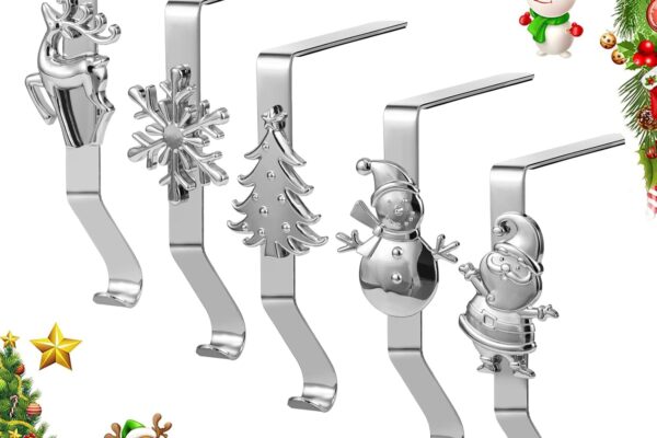 Stocking Holders for Mantle, Set of 5 Christmas Stocking Holders for Fireplace, Stocking Hangers for Mantel, Snowflake Reindeer Tree Santa Stocking Hooks for Christmas Mantel Decoration, Silver