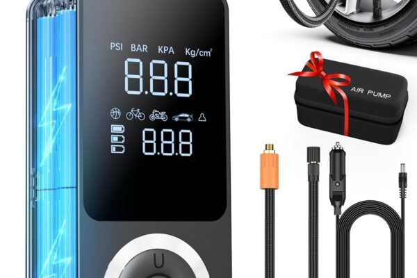 Cordless Tire Inflator Portable Air Compressor, 150 PSI Air Pump with Rechargeable Battery, Tire Pressure Gauge, 12V Car Power Adapter, Smart Air Pump for Car, Motorcycle, Bike, Ball