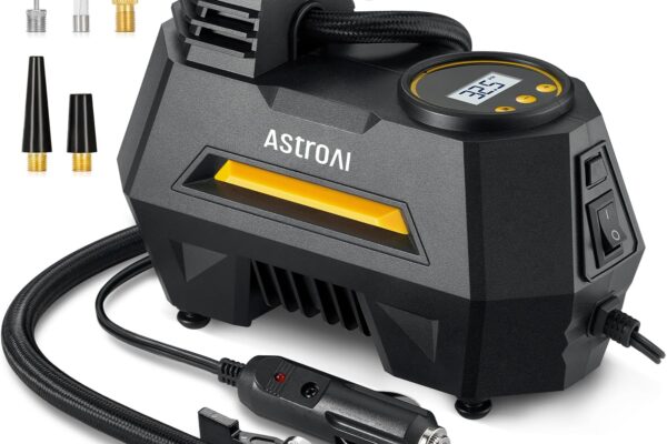 AstroAI Tire Inflator Portable Air Compressor Tire Air Pump for Car Tires – Car Accessories, 12V DC Auto Pump with Digital Pressure Gauge, Emergency LED Light for Bicycle, Balloons, Yellow