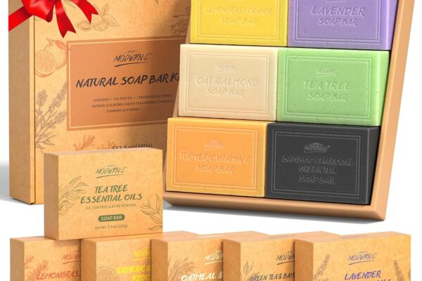POP MODERN.C Natural Soap Bar Gift Set Body Wash Soap Bars Organic Soaps For Women & Men Lavender, Tea Tree, Lemongrass Orange, Oatmeal Almond, Green Tea Bamboo Charcoal, Turmeric 6×3.5oz