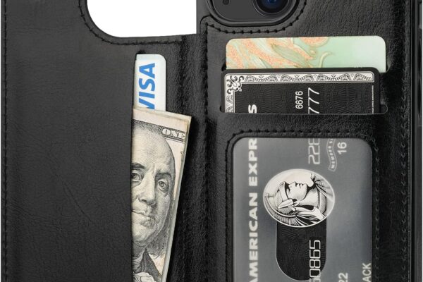 Onetop Compatible with iPhone 13 Wallet Case with Card Holder, PU Leather Kickstand Card Slots Case, Double Magnetic Clasp Durable Shockproof Cover 6.1 Inch(Black)