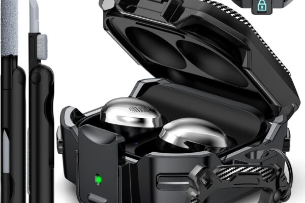 RFUNGUANGO for Samsung Galaxy Buds 2 Pro/Buds Pro/Buds Live/Buds 2 Case Cover/Galaxy Buds FE (2023), Military Carbon Fiber case with Keychain/Zipper/with Cleaner Kit(Anti-Drop Lock)-Black