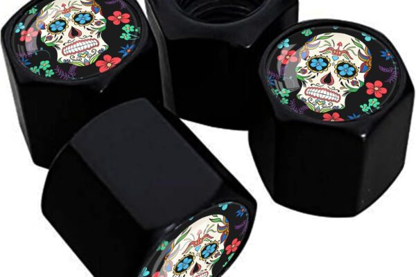 Metal Car Wheel Tire Valve Stem Caps 4 Pack Sugar Skull Print Aluminum Car Tire Air Valve Caps for Cars, Trucks, Bikes, Motorcycles, Bicycles, Corrosion Resistant