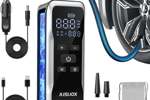 Tire Inflator Portable Air Compressor, Air Pump for Car Tires 150PSI Cordless with Battery and 12V DC, Electric Bike Pump with Pressure Gauge, Auto Shutoff, for Ball, Motorcycle Accessories