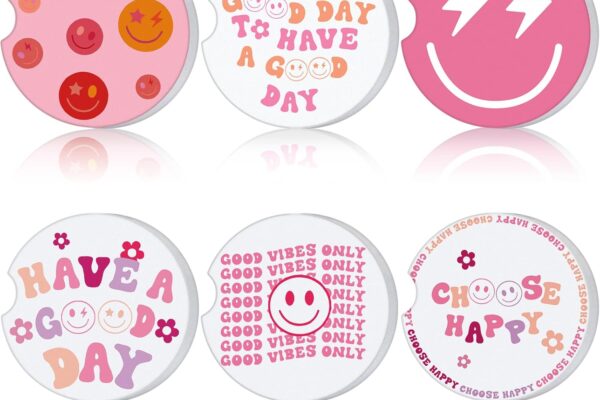 Zubebe 6 Pcs Car Coasters Pink Car Cup Holder Preppy Accessories for Women Absorbent Anti Slip Cup Coaster with Finger Notch Cute Smile Drink Mat Gifts for Girl Students