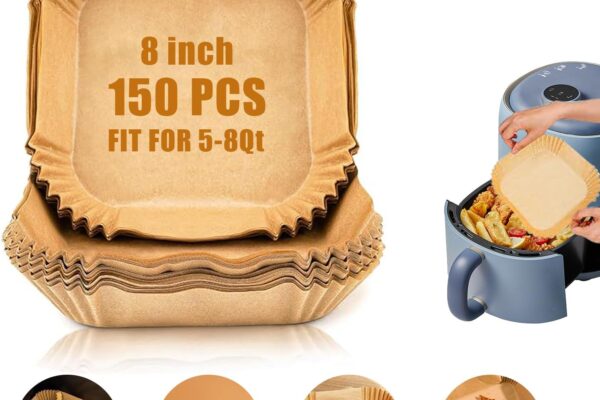 Air Fryer Paper Liners, 150 PCS Non stick Oil Resistant Air Fryer Parchment, 8 Inch Disposable Food Grade Free Of Bleach Square Parchment Baking Paper
